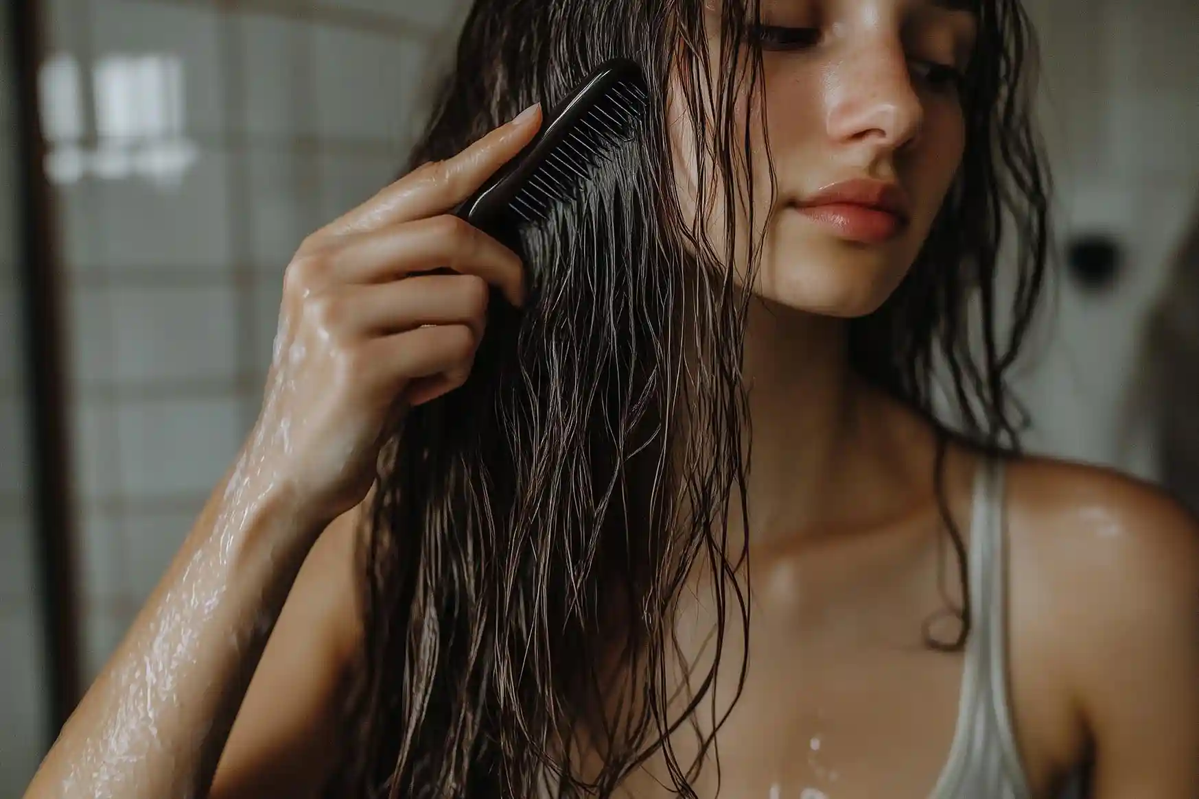 Brushing hair extensions gently from ends to roots